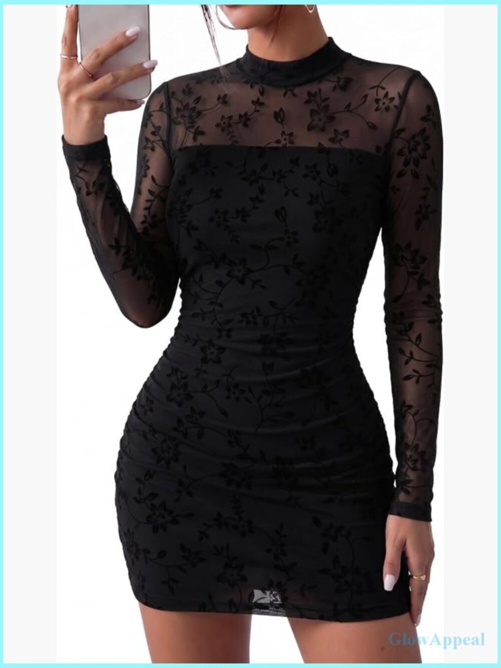 Women's Mesh Sheer Long Sleeve Bodycon Mini Dress Ruched Mock Neck